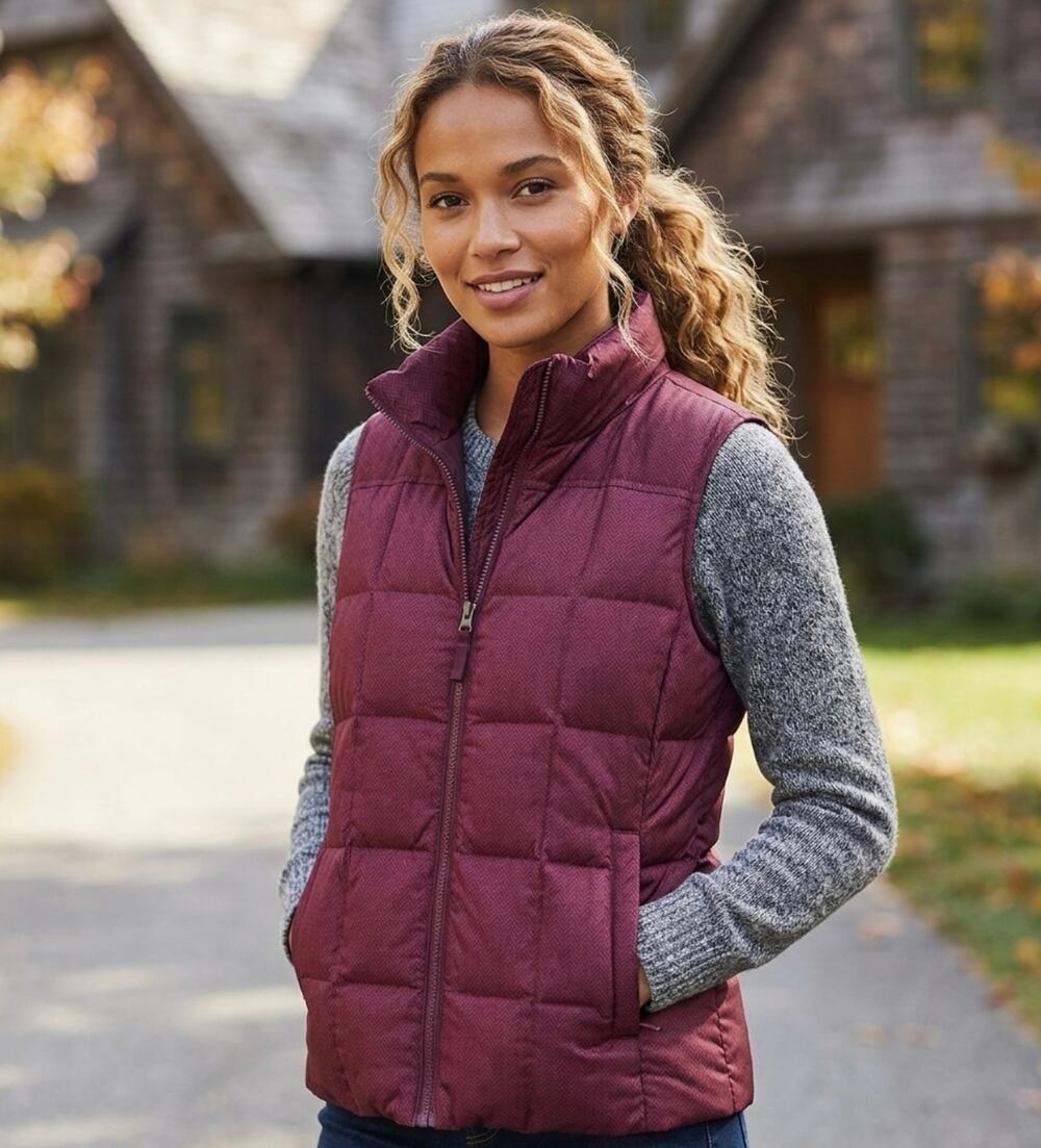 LAND’S END Cranberry Red Herringbone Zip-Up Down Filled Fall Puffer Vest NEW